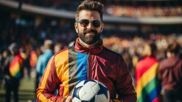 Fachmann Fußball Spieler vorbereiten zum Ausbildung halten ein Fußball Ball. generativ ai foto