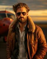 Flieger im ein Bomber Jacke mit Pilot Brille.. generativ ai foto