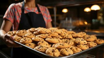 Bäcker posieren mit frisch gebacken Kekse. generativ ai foto