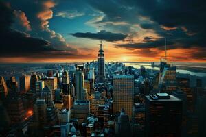 atemberaubend Schuss von ein geschäftig Neu York Stadtbild beim Sonnenuntergang.. generativ ai foto