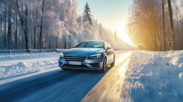 Auto Fahren auf Schnee bedeckt Straße. generativ ai foto