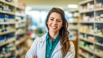 Apotheker kaukasisch Frau im Vorderseite von Apotheke Regale. generativ ai foto