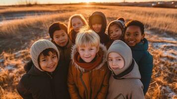 oben Foto von Lachen Kinder genommen mit ein Fischauge Kamera. generativ ai