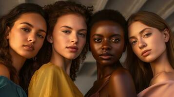 Foto von schön Frauen von anders Ethnien mit makellos Haut. generativ ai