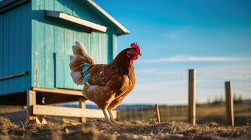 Hühner Stehen im Vorderseite von Hähnchen coop. generativ ai foto