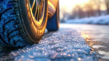 Nahansicht von das Reifen von ein Auto mit Winter Schnee Reifen. generativ ai foto