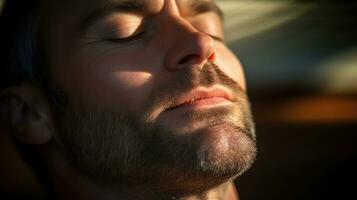 Nahansicht Foto von Schlafen des Mannes Gesicht. generativ ai