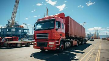 ein LKW warten beim das Hafen. generativ ai foto