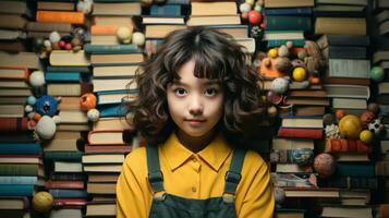 ein wenig asiatisch Mädchen unter Stapel von Bücher. generativ ai foto