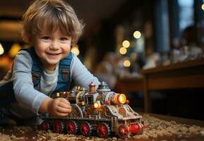 wenig Junge spielen mit ein Spielzeug Zug. generativ ai foto