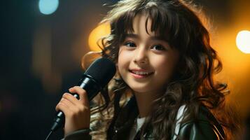 süß wenig asiatisch Mädchen halten ein Mikrofon. generativ ai foto