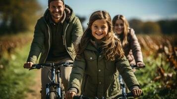 ein Familie Reiten ein Fahrrad und haben Spaß. generativ ai foto