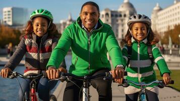 ein Familie Reiten ein Fahrrad und haben Spaß. generativ ai foto