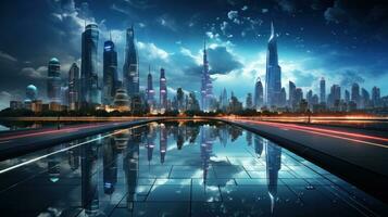 futuristisch Stadtbild unter neonbeleuchtet Wolkenkratzer. generativ ai foto