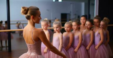 Ballerina geben Ballett Lektionen zu wenig Mädchen. generativ ai foto