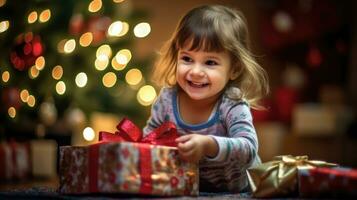 wenig Mädchen freudig halten ihr Weihnachten Geschenk. generativ ai foto