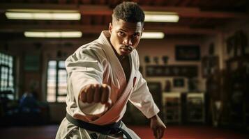 Karate Mann Streiks ein Pose. generativ ai foto