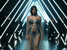 Modell- im ein holographisch Kleid mit geometrisch Muster, Gehen auf ein futuristisch Runway mit schwebend Beleuchtung.. generativ ai foto