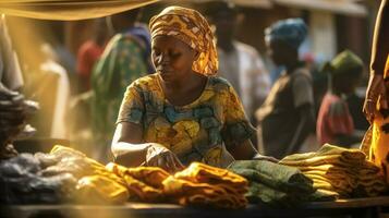 Frau Verkäufer beim ein traditionell Markt. generativ ai foto