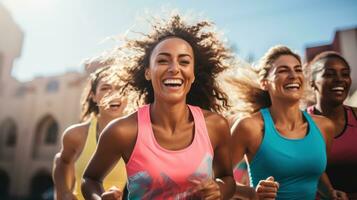 Gruppe von Frauen tun Sport auf das Straße. generativ ai foto