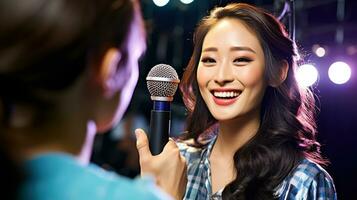 Interview mit ein asiatisch Berühmtheit mit ein Mikrofon. generativ ai foto