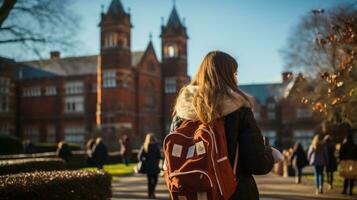 ein Mädchen mit ein Rucksack Spaziergänge mit Bücher im das Schulhof. generativ ai foto