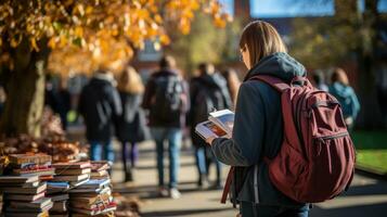 ein Mädchen mit ein Rucksack Spaziergänge mit Bücher im das Schulhof. generativ ai foto