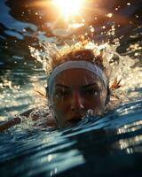 Schwimmer im ein wettbewerbsfähig ein Stück Badeanzug. generativ ai foto