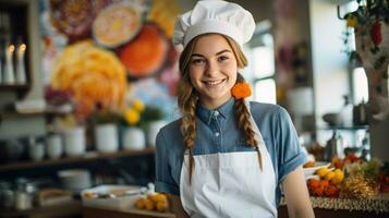 Teenager Mädchen im ein Koch Hut und Schürze.. generativ ai foto