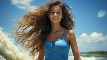 Teenager Mädchen im ein Badeanzug mit ein Surfbrett.. generativ ai foto