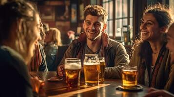 ein Gruppe von freunde Trinken Bier im ein Bar. generativ ai foto
