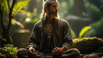 Yogi im ein Ruhe Meditation Pose tragen atmungsaktiv Aktivkleidung.. generativ ai foto