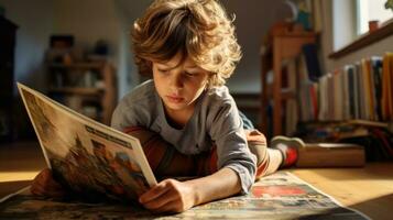 jung Junge lesen ein groß Bild Buch auf das Boden.. generativ ai foto