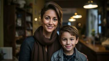 Mutter und Sohn Pose zusammen. generativ ai foto