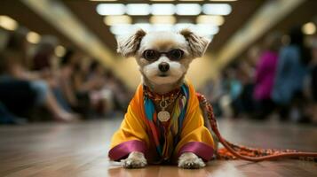 ein Hund gekleidet im ein Outfit von ein Haustier Wettbewerb. generativ ai foto