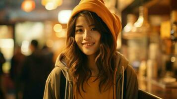 asiatisch schön Mädchen im ein Baskenmütze im ein Ort. generativ ai foto