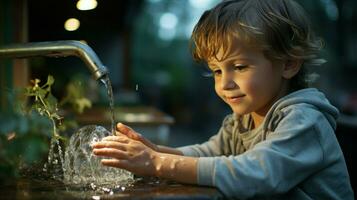 wenig Junge Waschen seine Hände im das Wasserhahn. generativ ai foto