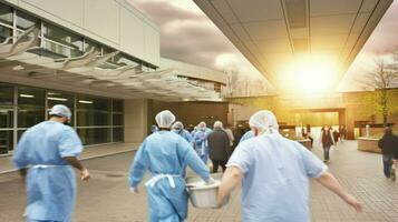 medizinisch Mitarbeiter eilen durch ein modern Krankenhaus Garten.. generativ ai foto