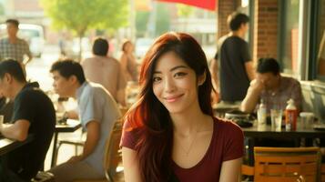 asiatisch Frau genießen ein Mahlzeit beim ein Cafe.. generativ ai foto