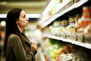 Frau Einkaufen Lebensmittelgeschäft Supermarkt. generieren ai foto