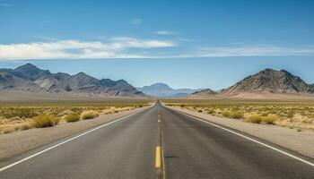 Route 66 Autobahn Straße beim Mittag klar Himmel Wüste Berge Hintergrund Landschaft ai generiert foto