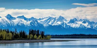 Alaska Berg Angebot Wildnis Natur Landschaft schneebedeckt Berge Hintergrund ai generiert foto