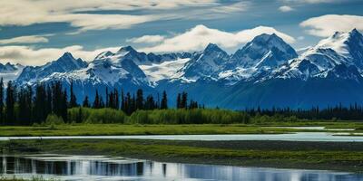 Alaska Berg Angebot Wildnis Natur Landschaft schneebedeckt Berge Hintergrund ai generiert foto