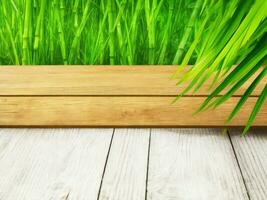 hölzern Tabelle auf Bambus Pflanze Hintergrund ai generiert foto
