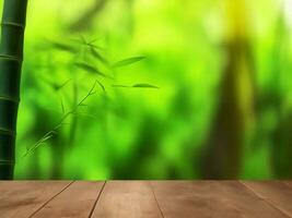 hölzern Tabelle auf Bambus Pflanze Hintergrund ai generiert foto