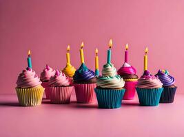 Geburtstag Hintergrund mit Rosa Geburtstag Cupcake und Kerze, Geburtstag Geschenk und Party Hut, Kopieren Raum generativ ai foto