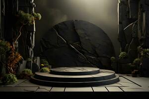 3d Podium von schwarz Palme, Stein, und Felsen mit Neon- Beleuchtung auf gesamt schwarz Palette und kreisförmig Kopieren Raum Hintergrund. generativ ai foto