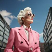 55 Jahre alt Geschäft Frau mit grau Haar gegen das Himmel Stadt Hintergrund. ai generativ foto