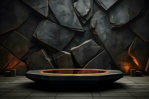 futuristisch dunkel Zimmer mit Stein Boden, 3d machen. ai generativ Illustration. Podium zum Produkt schießen. foto