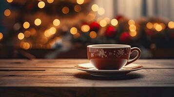 ai generativ Tasse von Kaffee auf hölzern Tabelle im Vorderseite von Weihnachten Baum. Raum zum Text. Weihnachten Hintergrund. Bokeh Beleuchtung. foto